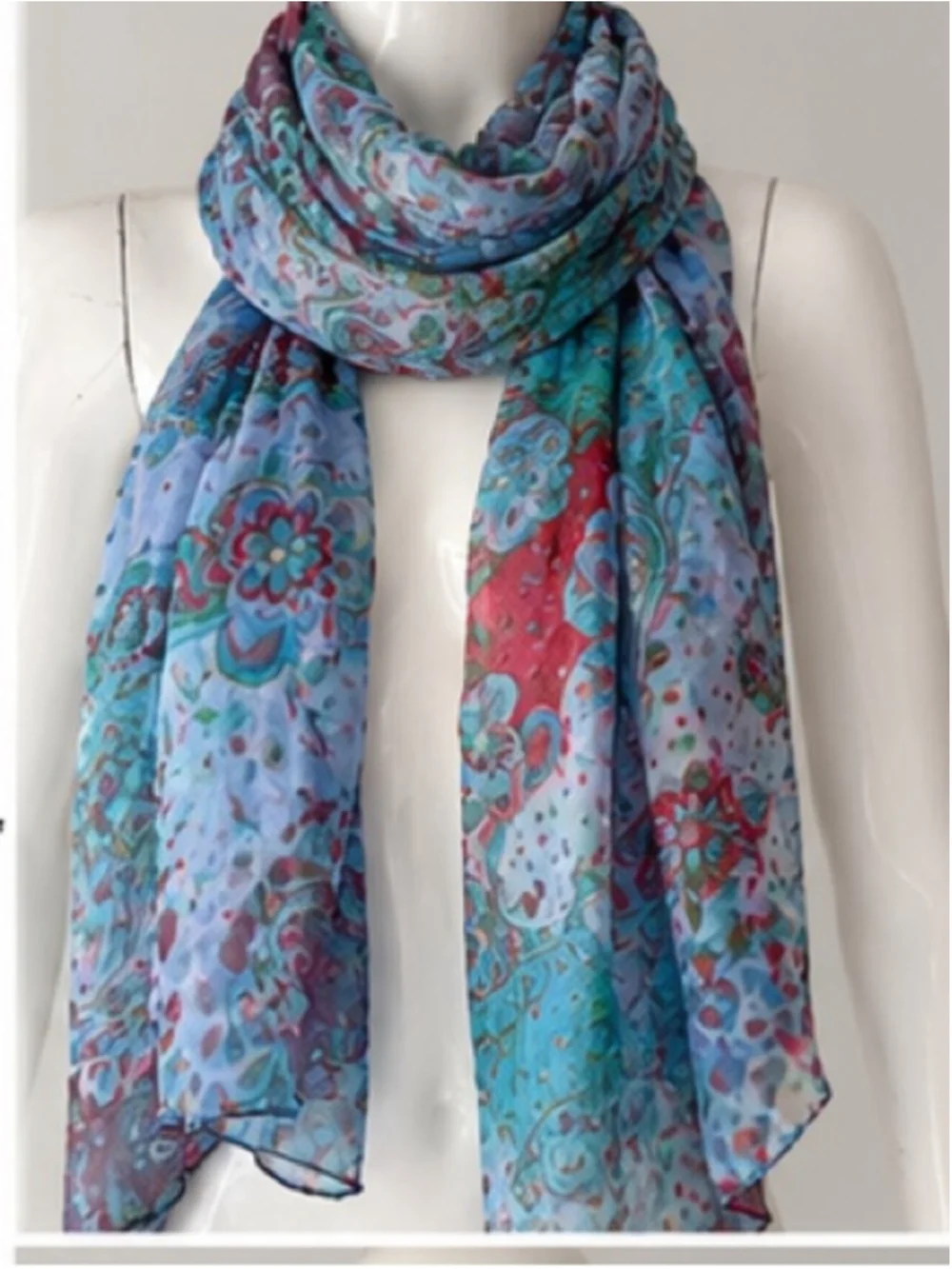 Silk Paisley Floral Scarf Wrap Turquoise Red Boho Lightweight 67” x 25”